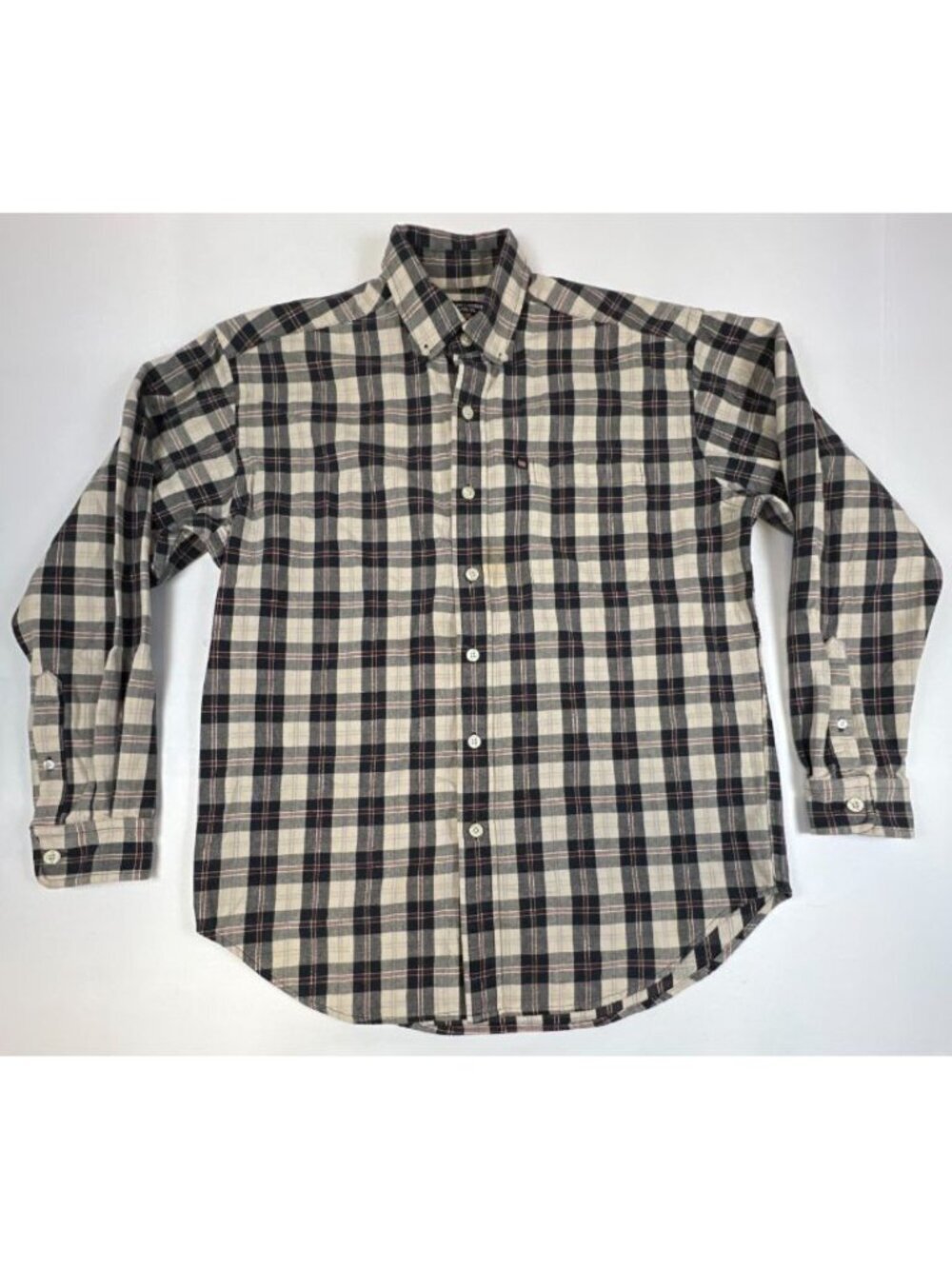 Ralph Lauren Jeans Co Mens M Plaid Button Down Shirt Cotton Flannel Beige Black
